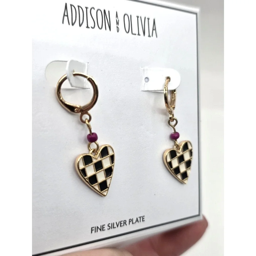 Addison and Olivia Checkered Black White Heart Huggie Earrings Gold Tone NEW